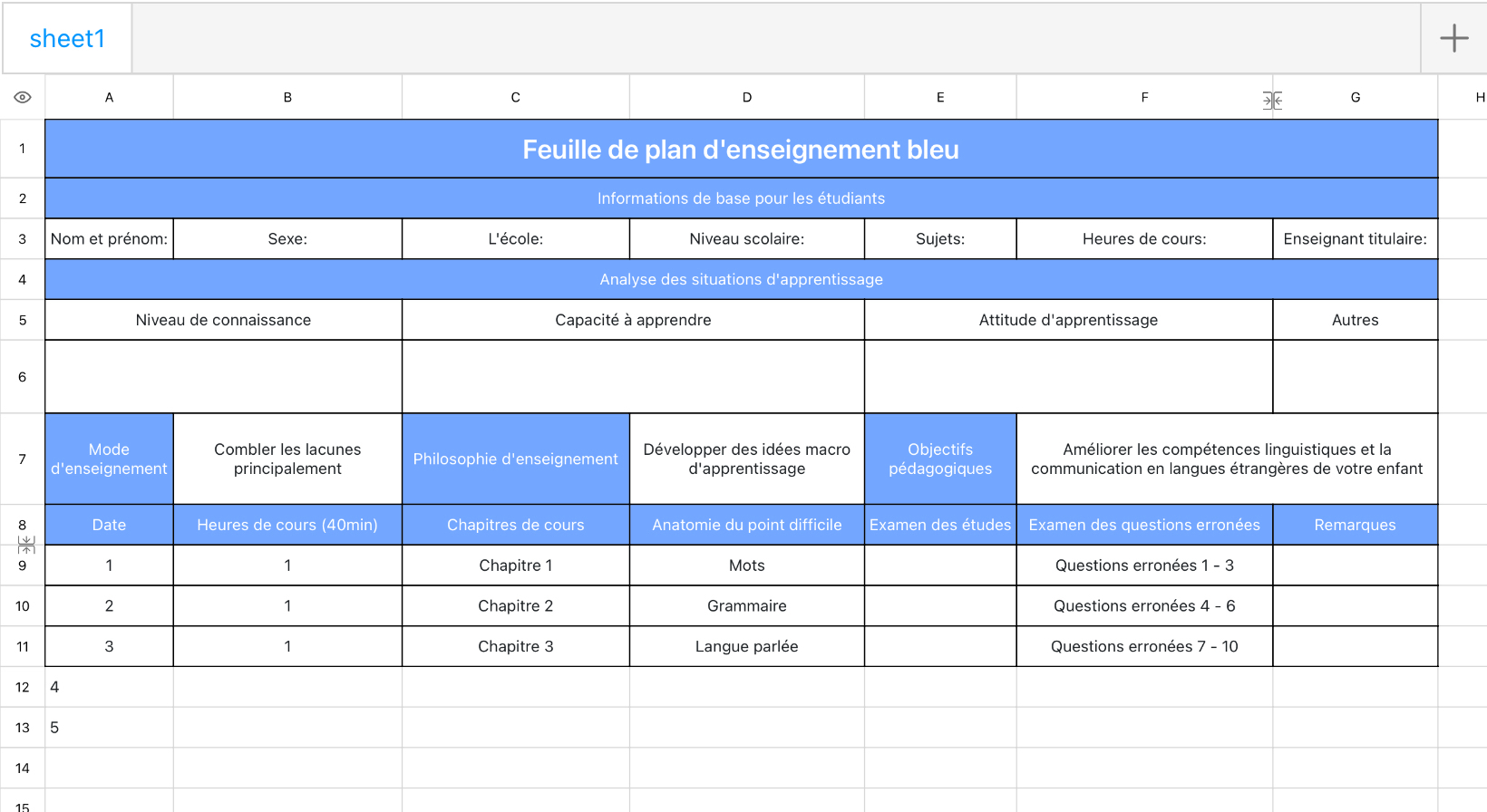 Feuille de plan d'enseignement bleu